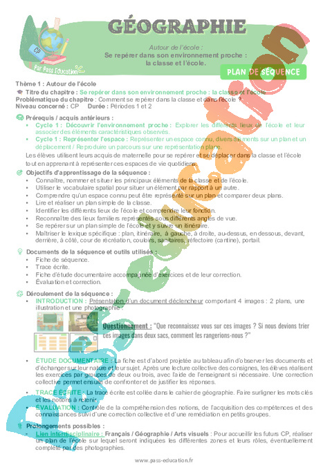 Séquence - Fiche de préparation Autour de l'école : CP