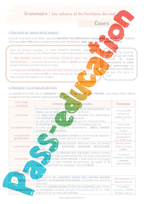 Séquence - Fiche de préparation Classes grammaticales (nature / fonctions) : 4ème