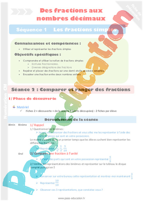 Séquence - Fiche de préparation Comparer / ranger / encadrer des fractions : CM2