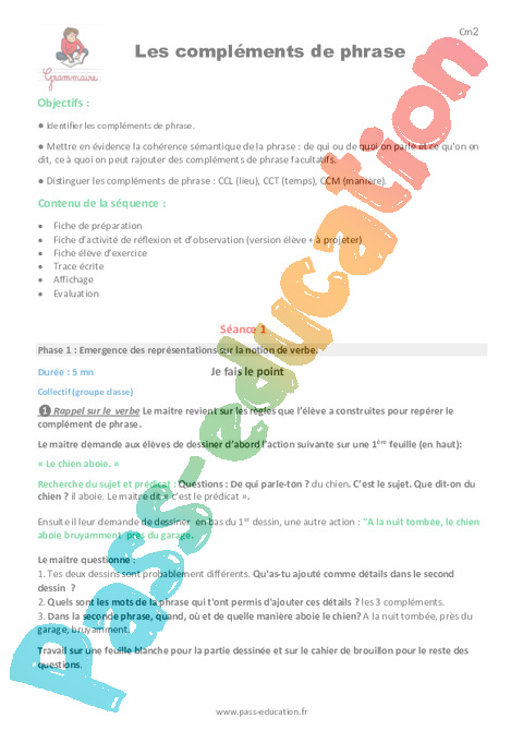 Séquence - Fiche de préparation Complément de phrase / complément circonstanciel : CM1