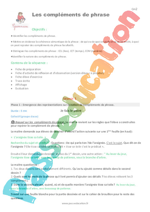 Séquence - Fiche de préparation Complément de phrase / complément circonstanciel : CM2