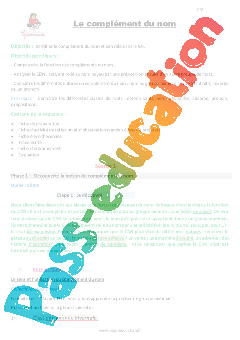 Séquence - Fiche de préparation Complément du nom : CM2