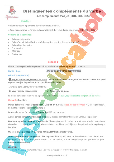 Séquence - Fiche de préparation Complément du verbe: COD, COI, COS : CM1