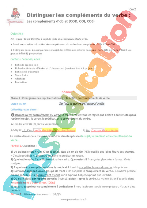 Séquence - Fiche de préparation Complément du verbe: COD, COI, COS : CM2
