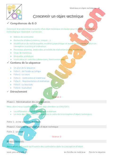 Séquence - Fiche de préparation Concevoir un objet technique : 6ème