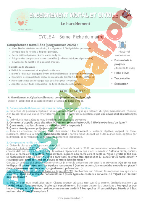 Séquence - Fiche de préparation EMC Education morale et civique : 5ème