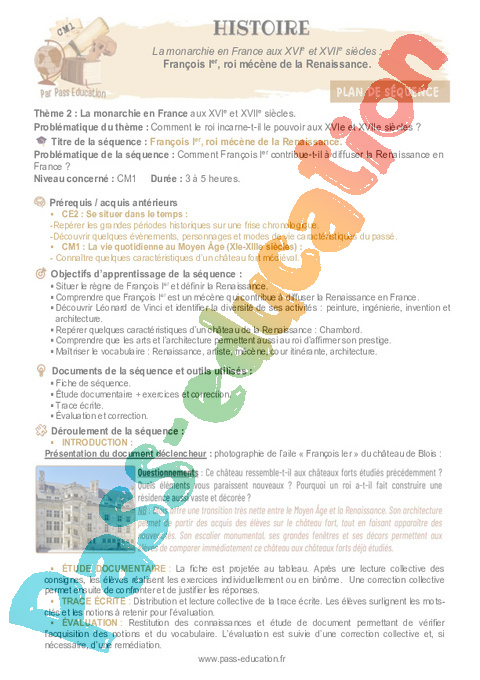 Séquence - Fiche de préparation François Ier, la Renaissance : CM1