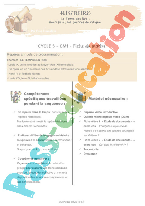 Séquence - Fiche de préparation Henri IV, l’édit de Nantes : CM1