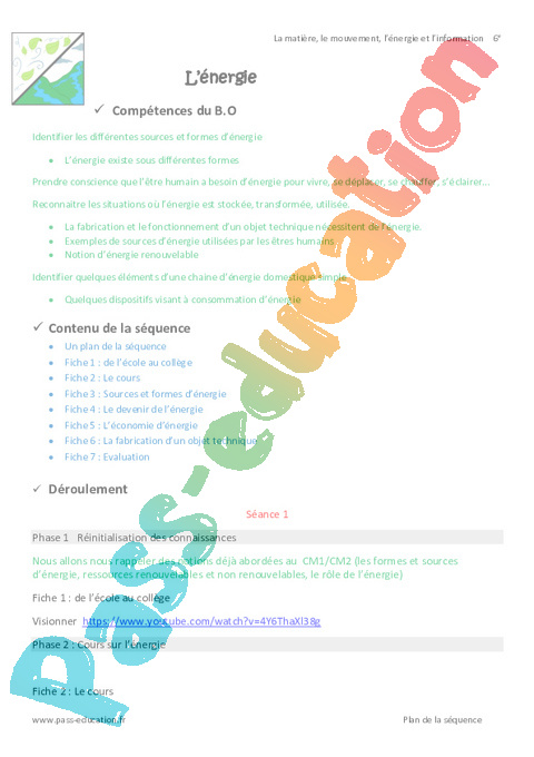 Séquence - Fiche de préparation L'énergie : 6ème