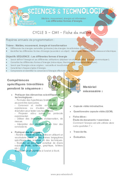 Séquence - Fiche de préparation L'énergie : CM1