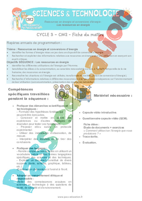 Séquence - Fiche de préparation L'énergie : CM2