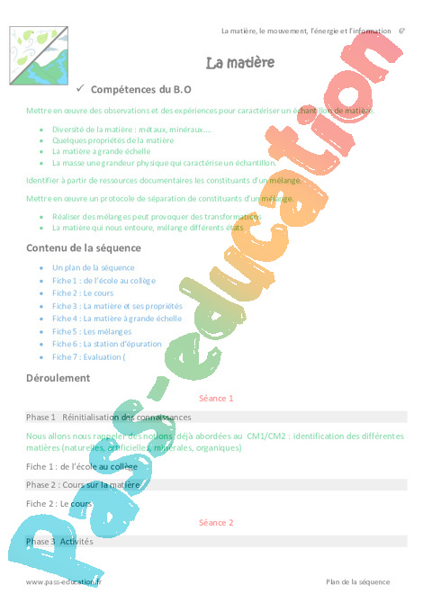 Séquence - Fiche de préparation La matière : 6ème