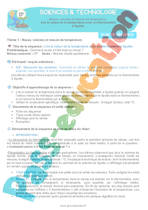 Séquence - Fiche de préparation La matière, les mesures, l’électricité : CP
