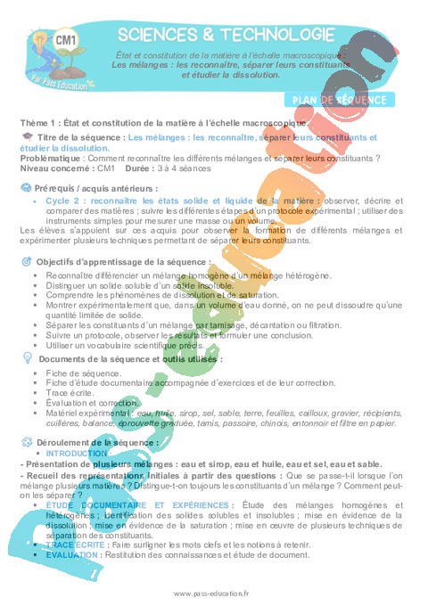 Séquence - Fiche de préparation La matière, les mouvements et les signaux : CM1