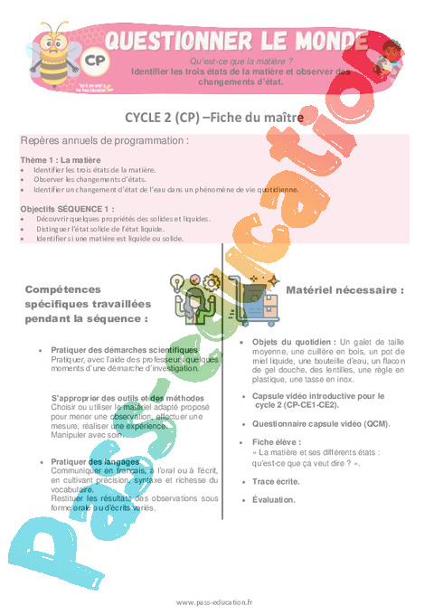 Séquence - Fiche de préparation La matière, les mouvements et les signaux : CP