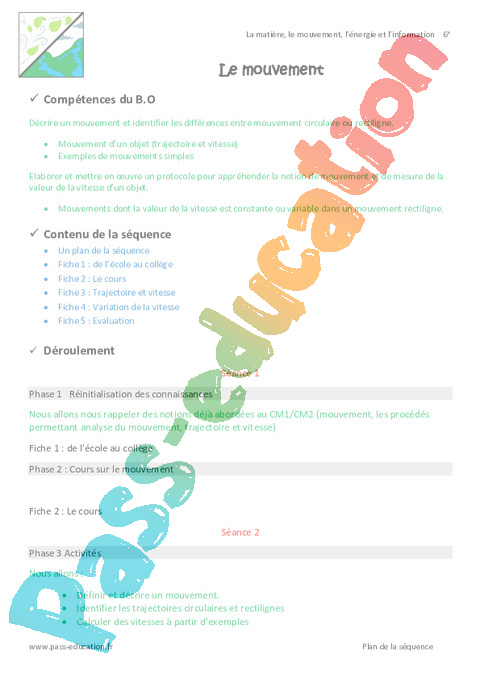 Séquence - Fiche de préparation Le mouvement : 6ème