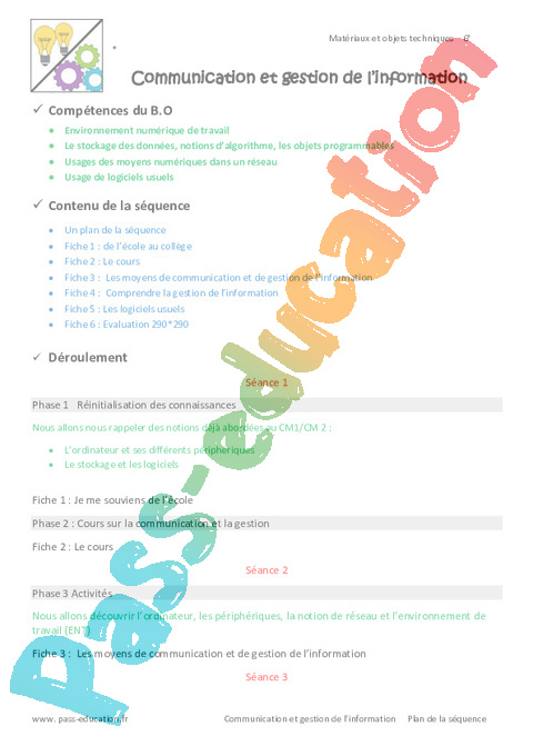 Séquence - Fiche de préparation Les objets techniques au cœur de la société : 6ème