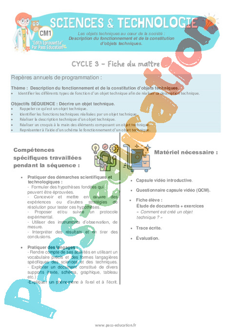 Séquence - Fiche de préparation Les objets techniques au cœur de la société : CM1