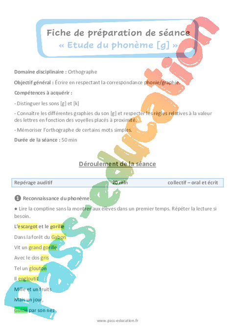 Séquence - Fiche de préparation Lettre g : CE1
