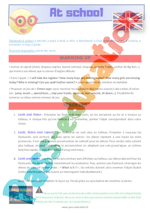 Séquence - Fiche de préparation School - Anglais : CM2