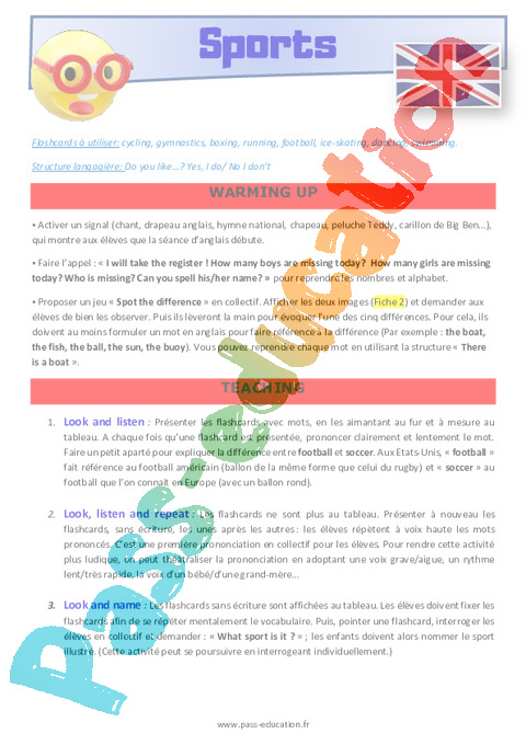 Séquence - Fiche de préparation Sport / Hobbies - Anglais : CE2