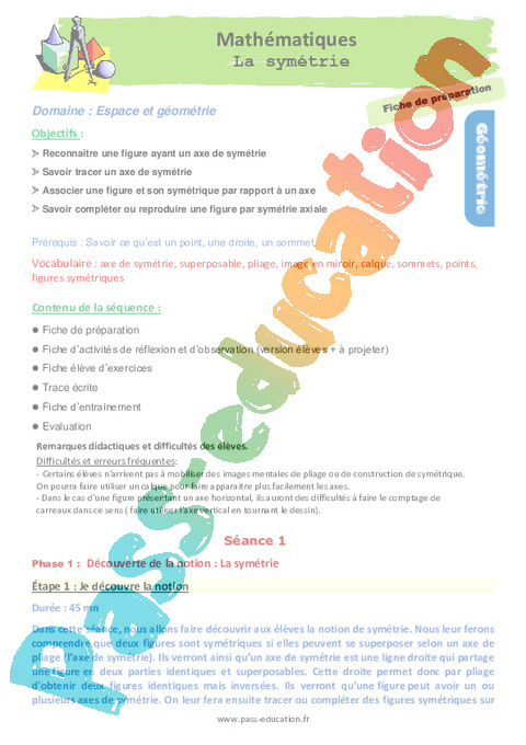 Séquence - Fiche de préparation Symétrie axiale : CE2