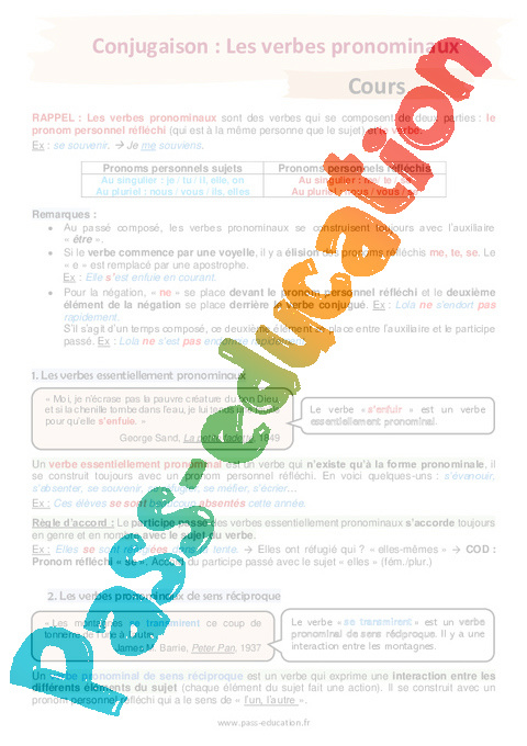 Séquence - Fiche de préparation Verbes pronominaux : 4ème
