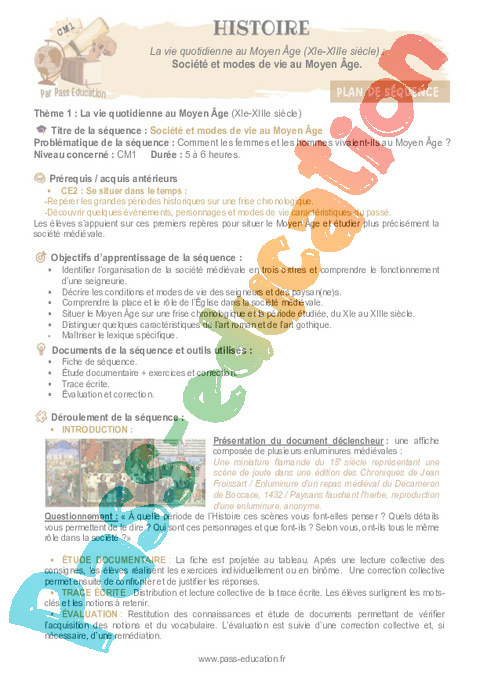 Séquence - Fiche de préparation Vie quotidienne au Moyen Âge : CM1