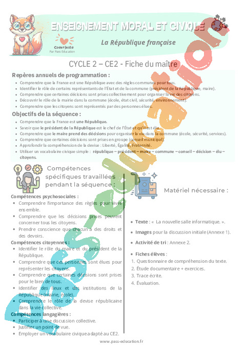 Séquence - Fiche de préparation Vivre en république : CE2