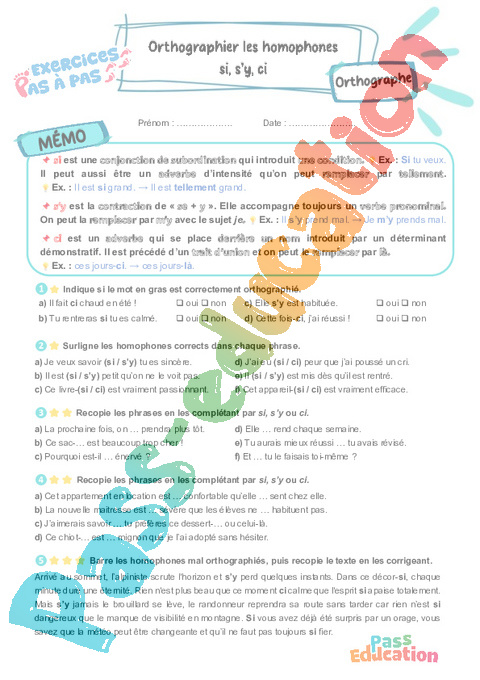 Leçon, exercice et évaluation :<br/> si, s’y, ci : Orthographier les homophones : CM2
