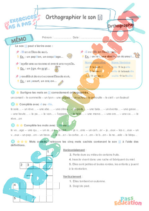 Leçon, exercice et évaluation :<br/> Son [j] : orthographier : CE2