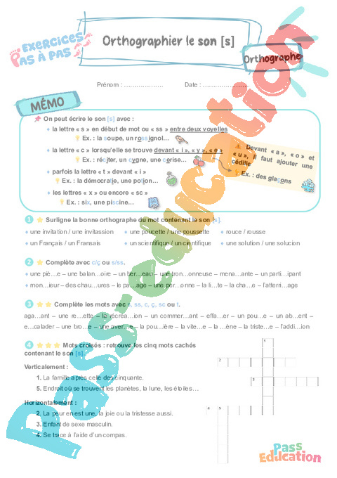 Leçon, exercice et évaluation :<br/> Son [s] : orthographier : CE2