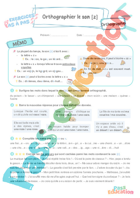 Leçon, exercice et évaluation :<br/> Son [z] : orthographier : CE2