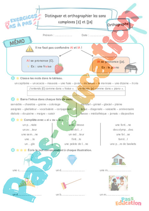 Leçon, exercice et évaluation :<br/> Sons [Ԑ] et [ja] : distinguer et orthographier les sons complexes : CE2