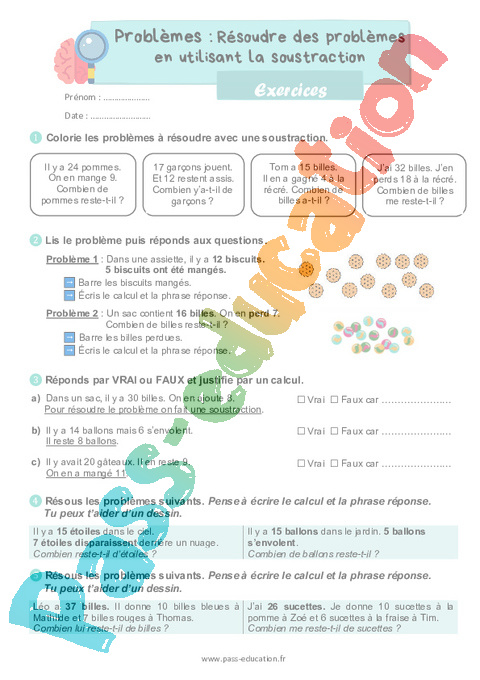 Leçon, exercice et évaluation :<br/> Soustractifs : CE1