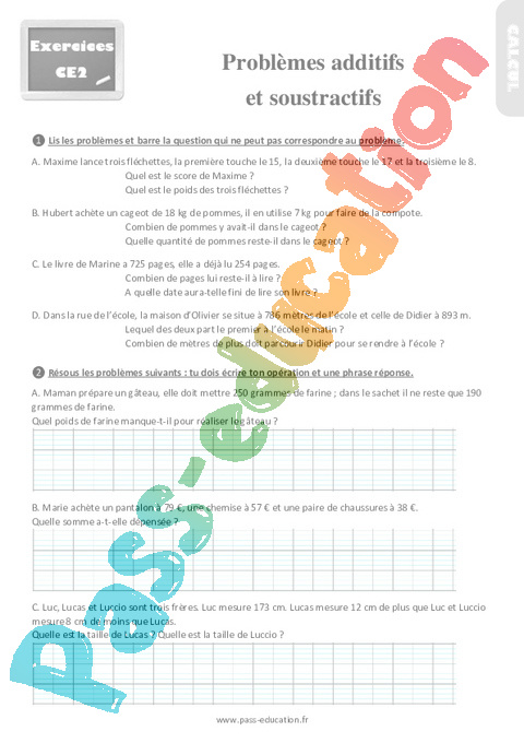 Leçon, exercice et évaluation :<br/> Soustractifs : CE2