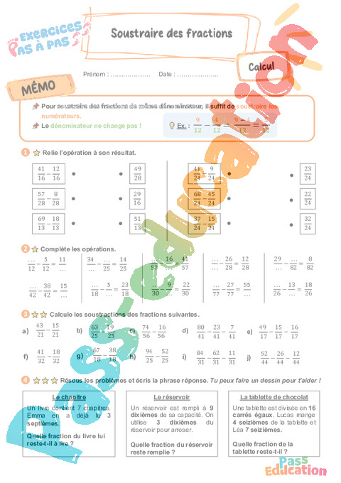 Leçon, exercice et évaluation :<br/> Soustraire des fractions : CE2