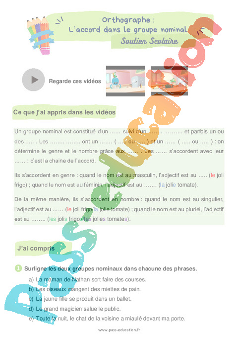 Révision, soutien scolaire - Accord dans le groupe nominal : CE1