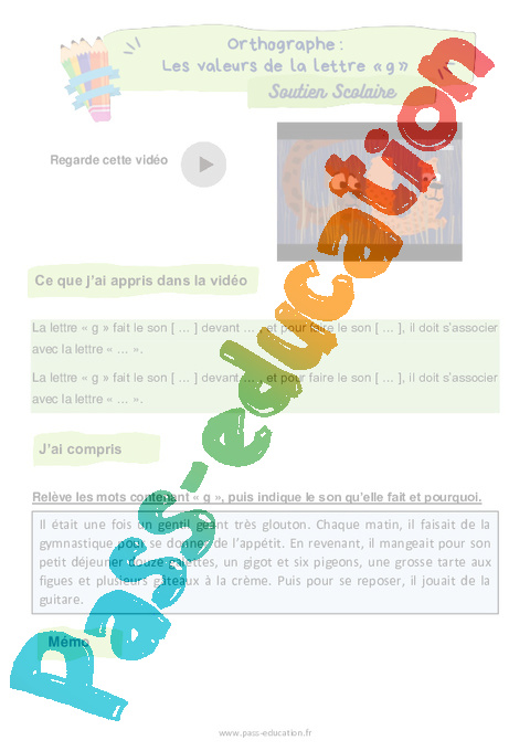 Révision, soutien scolaire - Lettre g : CE1