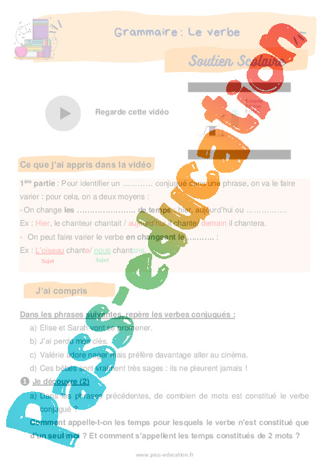 Révision, soutien scolaire - Verbe, groupe verbal : CM1