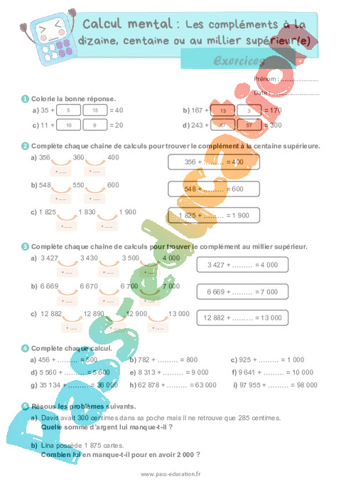 Leçon, exercice et évaluation :<br/> Stratégie de calcul mental : CM1
