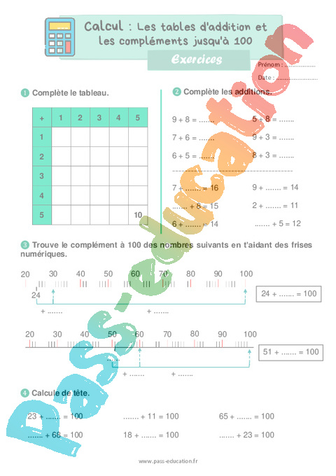 Leçon, exercice et évaluation :<br/> Tables d'addition : CE1