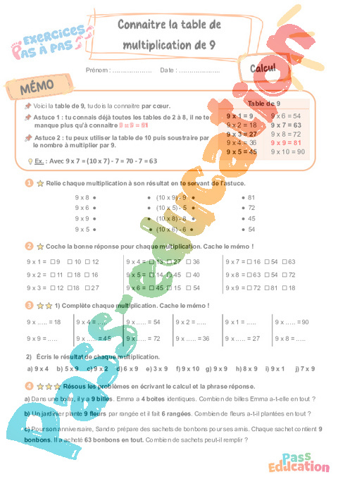 Leçon, exercice et évaluation :<br/> Tables de multiplication : CE2