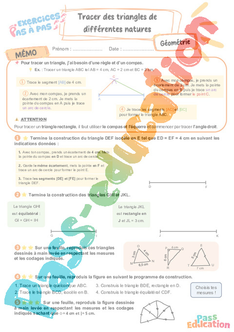 Leçon, exercice et évaluation :<br/> Tracer des triangles de différentes natures : CM2