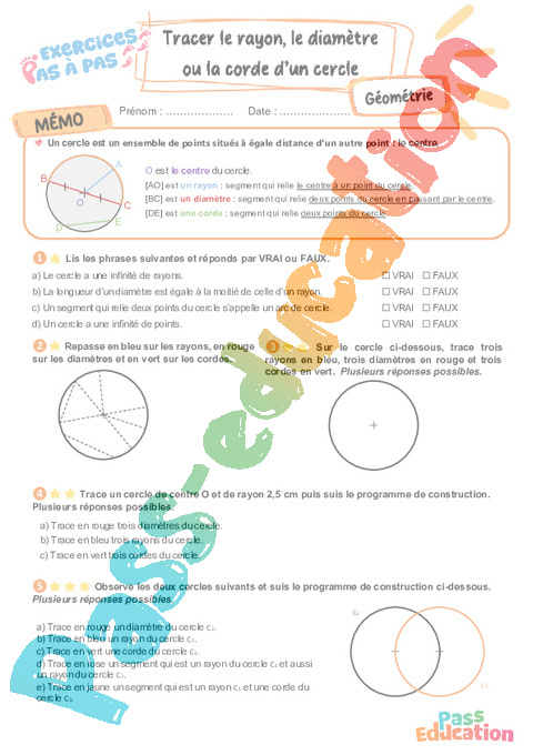 Leçon, exercice et évaluation :<br/> Tracer le rayon, le diamètre ou la corde d’un cercle : CM2
