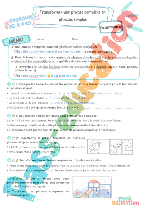 Leçon, exercice et évaluation :<br/> Transformer des phrases simples en phrases complexes : CM2