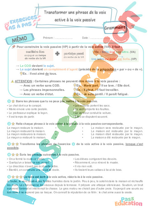 Leçon, exercice et évaluation :<br/> Transformer voix active en voix passive : CM2