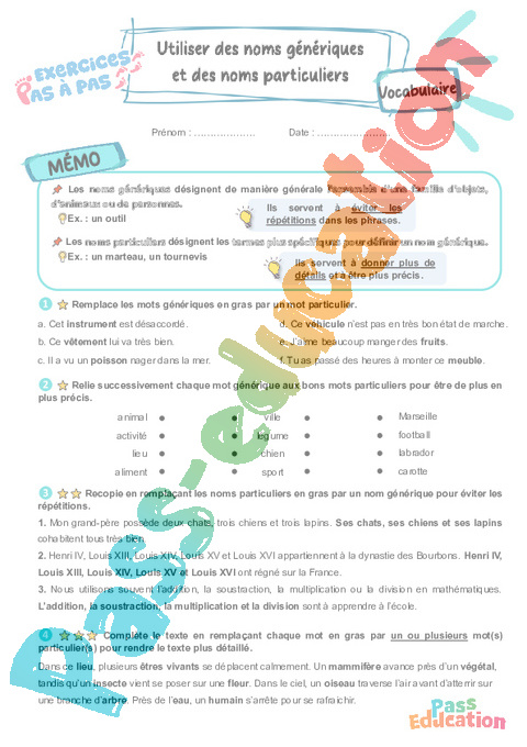 Leçon, exercice et évaluation :<br/> Utiliser des noms génériques et des noms particuliers : CE2