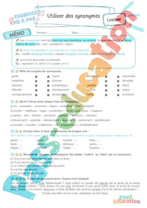 Cours et exercice : Utiliser des synonymes : 6ème