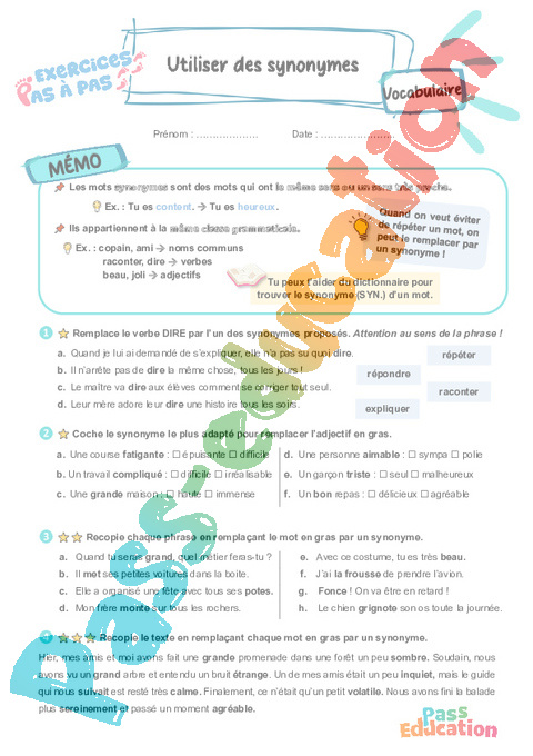 Leçon, exercice et évaluation :<br/> Utiliser des synonymes : CE2